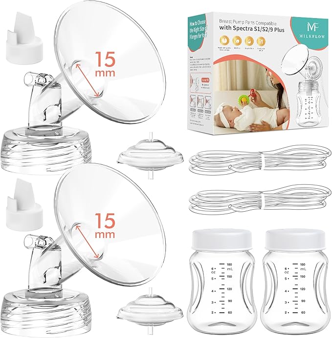 Breast Pump Parts Compatible with Spectra S1,S2,S9 Plus, Replacement Kit for Spectra Pump Parts 2PC Include 15 mm Flange, Duckbill Valve, Tube,Bottle, Backflow Protector, Not Original Accessories