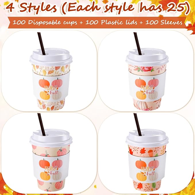 Lallisa 100 Sets Fall Thanksgiving Coffee Cup Bulk with Lid Disposable 12 oz Fall Hot Cups Paper and Sleeves Straws, Autumn Drinking Supplies for Holiday Party(Pink Style)
