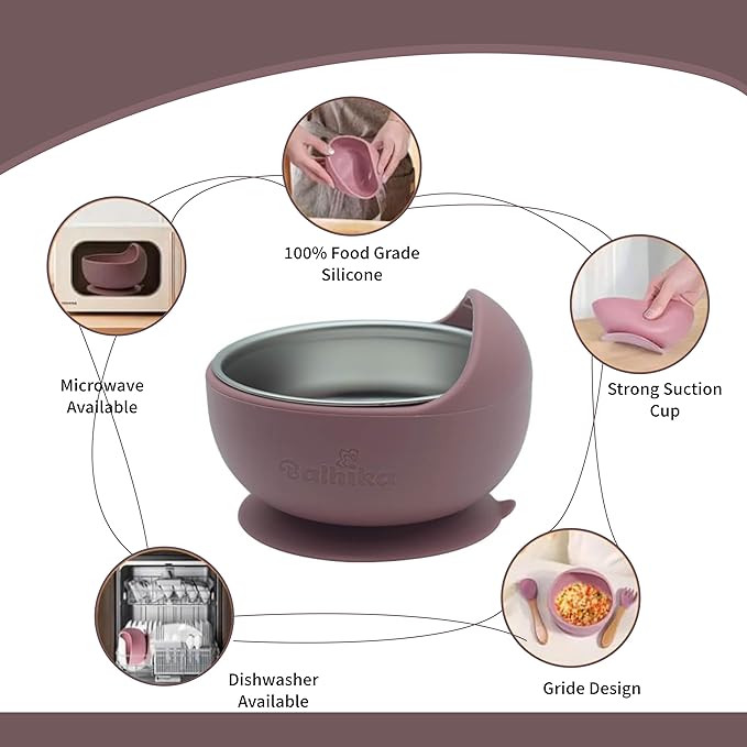 Silicone Baby Bowl Feeding Set – 12-Piece Set with Stainless Steel Inserts and Baby Spoons – BPA-Free Suction Bowls for Babies and Toddlers – Easy to Clean, Safe Mealtime Set for Self-Feeding