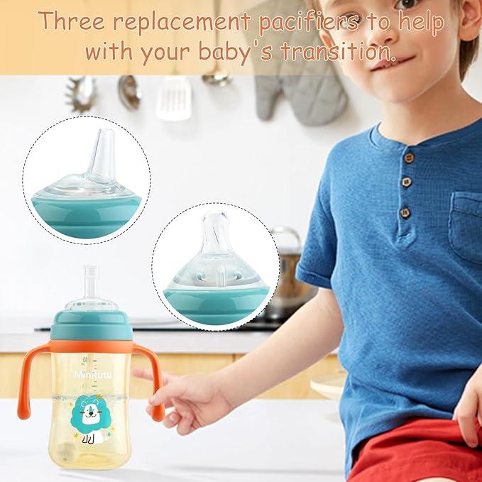 Qshare Sippy Cups for Toddlers, Weighted Straw Learner Cup with Handle for Babies, Water Bottle for Baby 6 Months with 3 Type of Spout, 8 Ounce (Green)