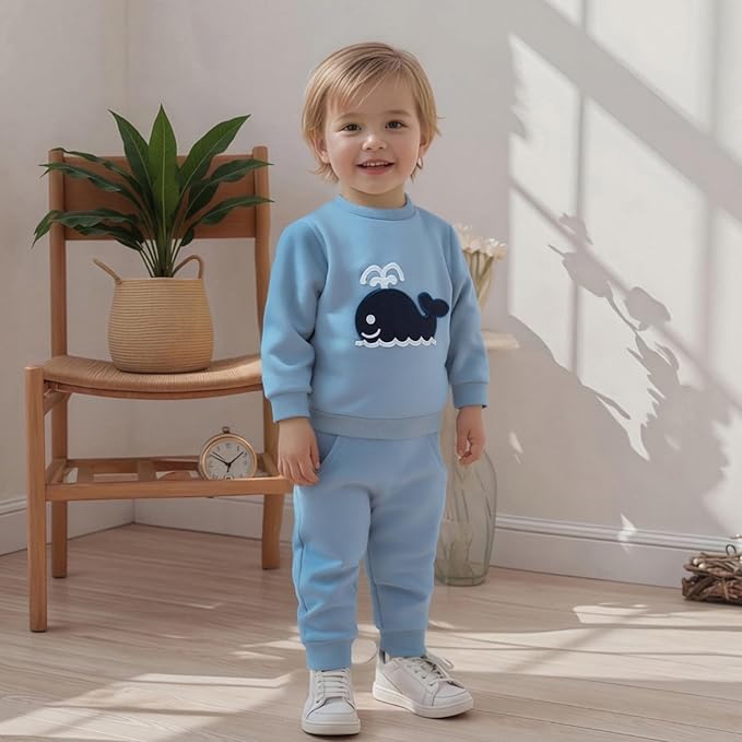 Nyapruwe Toddler Baby Boy Fall Outfit Funny Print Long Sleeve Sweatshirt Joggers Pants Set Kids Warm Winter Clothes