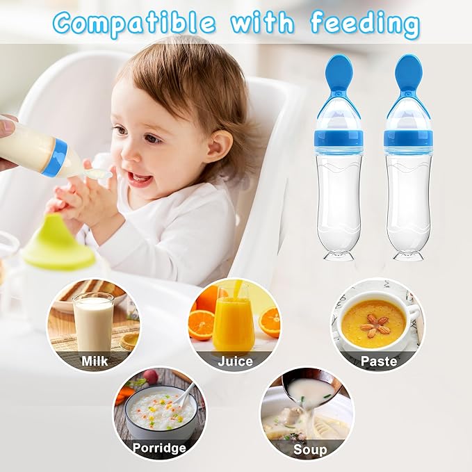 WAJIAYON Baby Food Feeder 4 Pack Silicone Baby Food Dispensing Spoon-3 oz Squeeze Feeding Spoons with Suction Cup for Boys Girl Kids Toddlers - Self Feeding Bottle Spoon-Blue