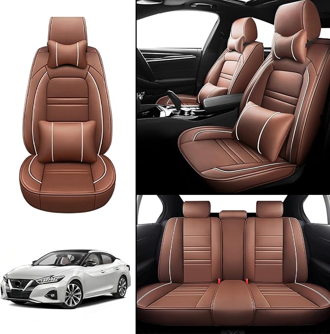 Car Seat Covers for Nissan Car Maxima 1999-2023 | 5-Seats Seat Covers, Waterproof Seat Protectors, Automotive Seat Covers (Full Set with Pillow,Coffee)