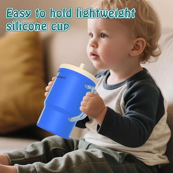Toddler Cups – 9 oz Adorable Miniature Tumbler with Leak-Resistant Straw and Toddler-Friendly Handle, Encourages Hydration, Easy to Clean, Sippy cups for Toddlers 1-3，BPA Free silicone (Ocean)