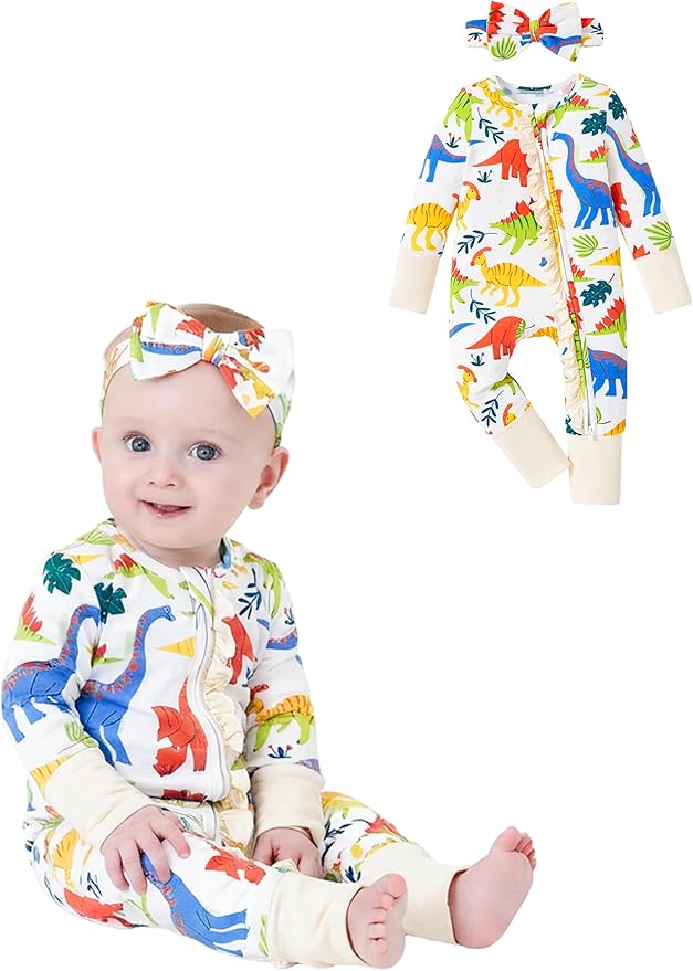 PATPAT Baby Girl Boy Clothes Newborn Infant Footie – Soft Viscose from Bamboo– 2-Way Zipper, Fold-Over Mitten, Ruffle Trim