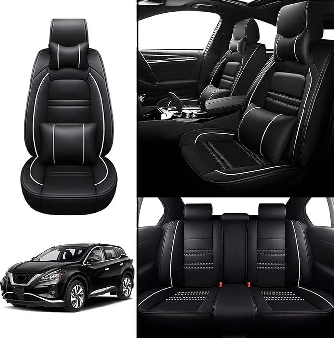Car Seat Covers for Nissan Car Murano 2003-2025 | 5-Seats Seat Covers, Waterproof Seat Protectors, Automotive Seat Covers (Full Set with Pillow,Black&White Line)
