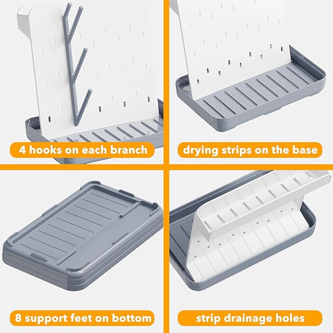 SpaceAid Baby Bottle Drying Rack with 20 Hooks, Space Saving Kitchen Bottles Rack Dryer, Vertical Baby Bottle Holder Organizer for Countertop Storage Accessories (White and Gray)