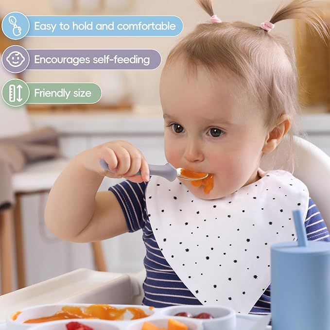6 PCS Toddler Spoons Set - Baby Spoons with Silicone Handle Children Food Grade 18/8 Stainless Steel Toddler Utensils Set for Self Feeding Kids Silverware Set Safe Anti-Choke Design Dishwasher Safe