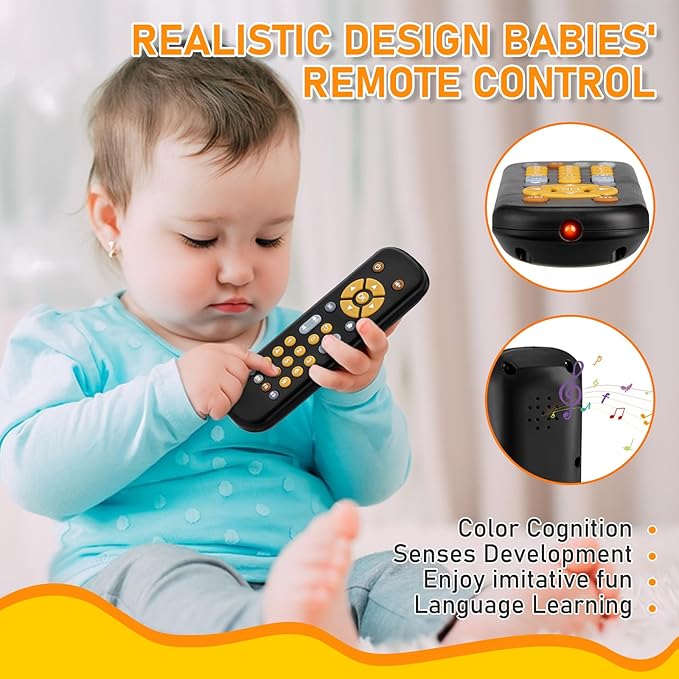 Avkast Baby TV Remote Control Toy 6 Month+, Toddler Realistic Remote Toy with Sound and Light, Early Educational Music Toys with 3 Languages English French Spanish for Infant Boys Girls 6 12 18 months
