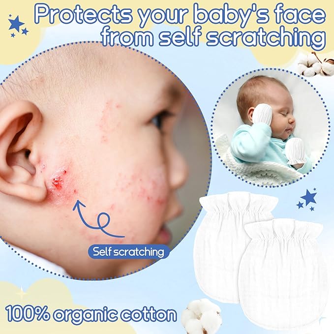 Newborn Baby Muslin Mittens 0-6 Months No Scratch Elastic Wrist Soft Breathable Gloves Bulk Cotton for Infant