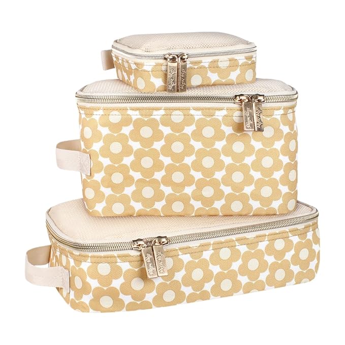 Itzy Ritzy Packing Cubes for Travel – Set of 3 Packing Cubes or Travel Organizers; Each Cube Features a Mesh Top, Double Zippers and a Fabric Handle (Milk & Honey)
