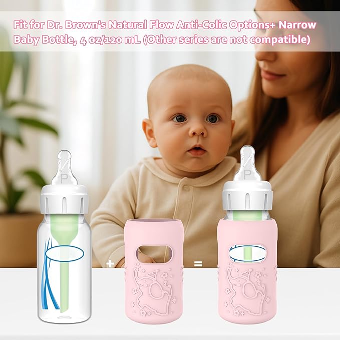 KingKam 4 Pack Silicone Sleeves for Dr. Brown's Glass Baby Bottles, Anti Breakage Baby Bottle Sleeves Holder, Compatible with Dr. Brown's Newborn Narrow Glass Baby Bottles 4oz
