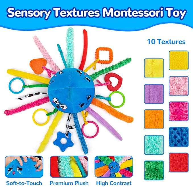 teytoy Sensory Toy, Texture Toys for Babies with Rattle, Autism Sensory Toys Jellyfish Shape Tactile Sensory Toys with 10 Textures, Baby Sensory Toys for 0-3-6-18 Months Soft Baby Toys with Teethers