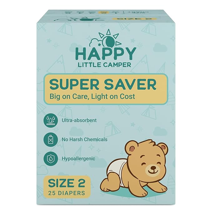 Happy Little Camper Super Saver Diapers, Size 2, 25 Count | Budget-Friendly Disposable Baby Diapers for Sensitive Skin | Hypoallergenic, Fragrance-Free, Ultra Absorbent