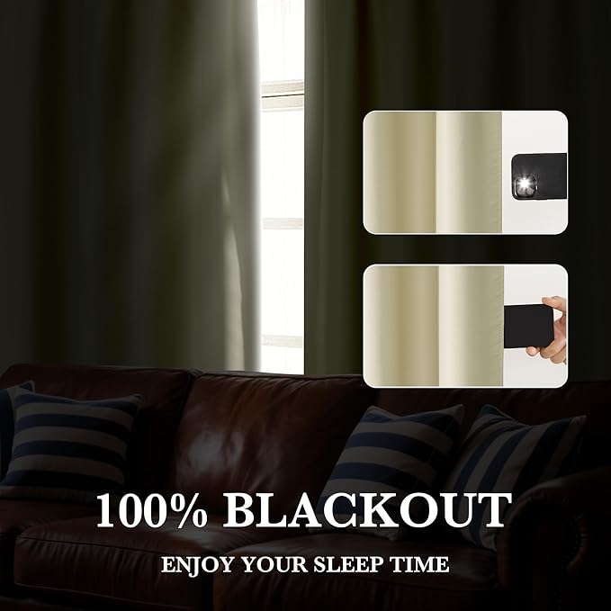 RYB HOME Bedroom Blackout Curtains 84 inches Long, 100% Blackout Thermal Insulated Noise Reducing Curtains for Living Room Nursury, 42 inches Wide by 84 inches Long, Beige