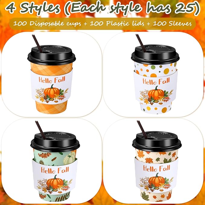 Lallisa 100 Sets Fall Thanksgiving Coffee Cup Bulk with Lid Disposable 12 oz Fall Hot Cups Paper and Sleeves Straws, Autumn Drinking Supplies for Holiday Party(Stylish Style)