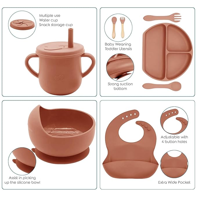 100% Silicone Baby Feeding Set,BPA Free Baby Dishes Set with Suction Bowl Divided Plate,Toddler Self Feeding Dish Set with Spoons Forks Sippy Cup and Bib, Baby Eating Utensils(Carrot)