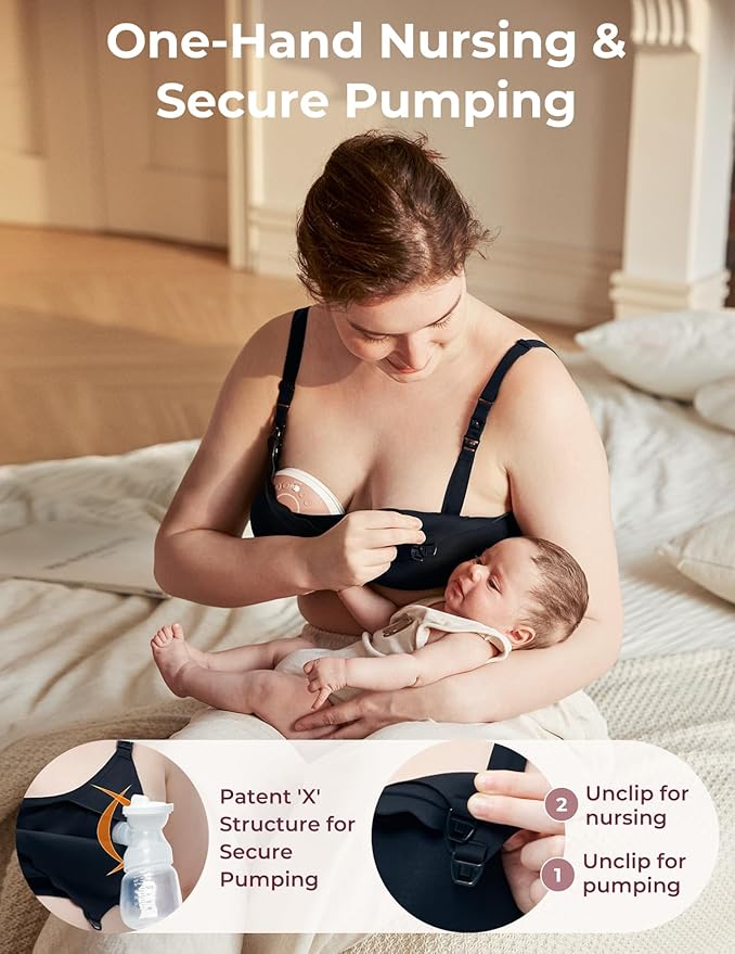 Momcozy 4-in-1 Pumping Bra Hands Free for All-Day Wear, Breast Pump Bra with Cooling Fabric Jelly Strip Support Nursing Bra