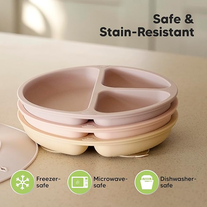KeaBabies Suction Plates for Baby, Toddler - 3-Pack 100% Silicone Toddler Plates with Suction, Divided, BPA-Free Baby Led Weaning Essentials for Kids, Dishwasher, Microwave Safe, Durable (Dusk)