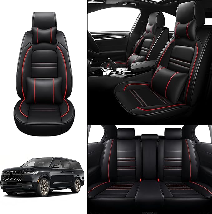 Car Seat Covers for Lincoln Navigator 1998-2025 | 5-Seats Seat Covers, Waterproof Seat Protectors, Automotive Seat Covers (Full Set with Pillow,Black&Red Line)