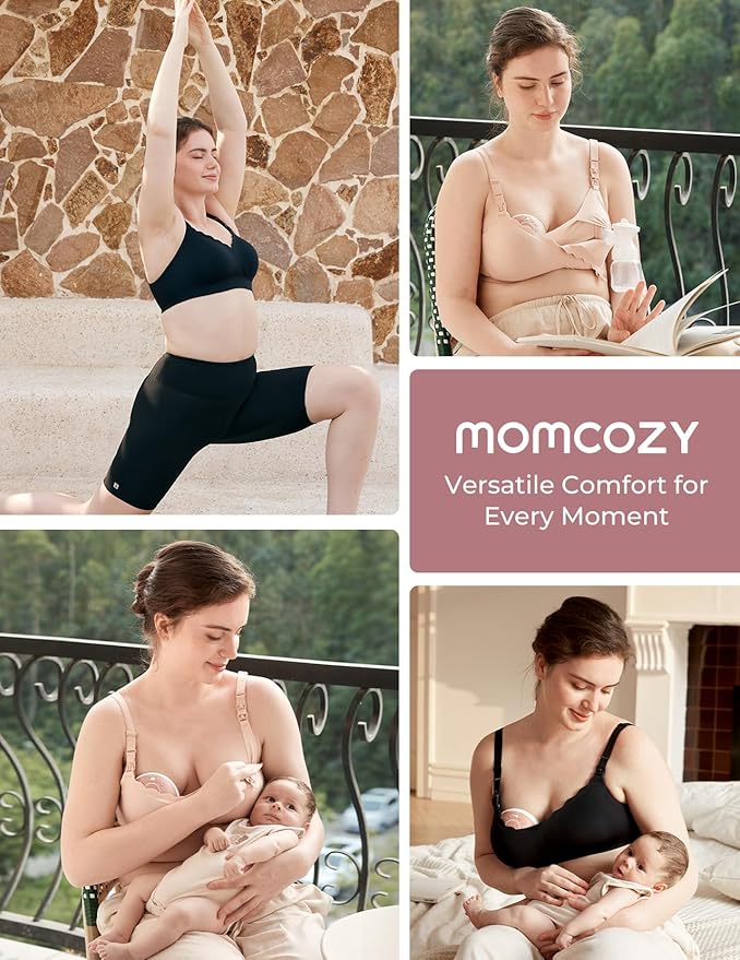 Momcozy 4-in-1 Pumping Bra Hands Free for All-Day Wear, Breast Pump Bra with Cooling Fabric Jelly Strip Support Nursing Bra