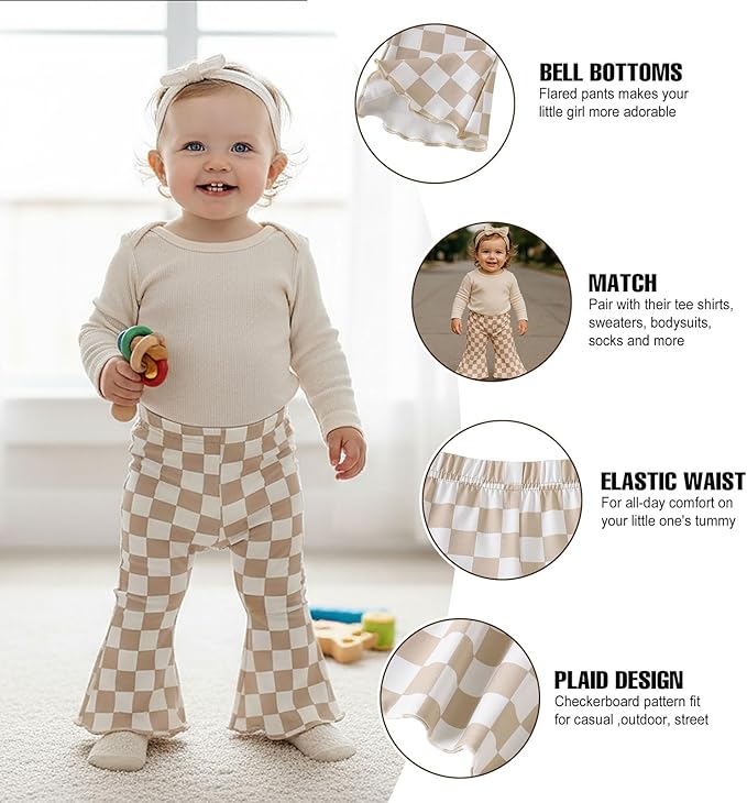 SOBOWO Checkered Baby Girl Flare Pants 3 Pack Toddler Bell Bottoms Plaid Ruffle Leggings Pants Fall Winter Outfits Size 6M-4T