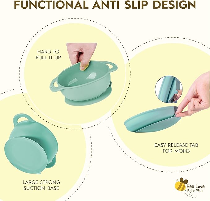 Bee Love Silicone Baby Feeding Set | BPA Free Baby Led Weaning Utensils Set with Suction Plate, Bowl, Adjustable Bib, Baby Spoon and Folk | Toddler Feeding Supplies for 6+ Months (Moody Blue)