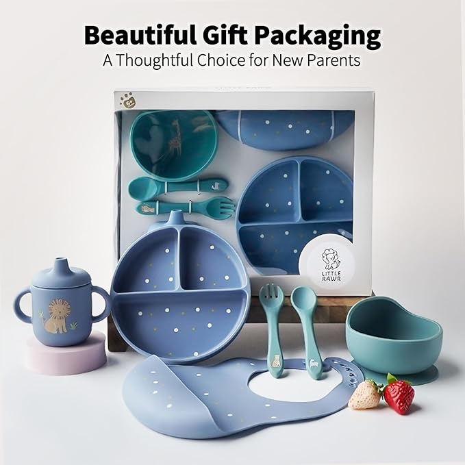 Little Rawr Baby Led Weaning Bundle, 100% Silicone Baby Feeding Set Includes Divided Plate, Suction Bowl, Straw Cup, Bib, Spoon & Fork, Develops Self Feeding Skills, Dishwasher Safe (Blue)