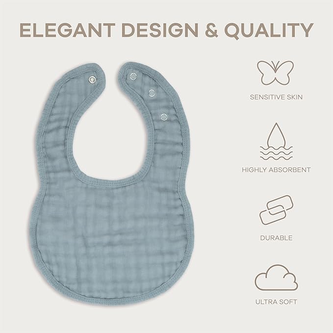 Comfy Cubs Muslin Bibs for Babies, Pack of 8 - Soft and Highly Absorbent, Feeding, Drool and Teething Bib, Adjustable Snaps - Stylish & Colorful Unisex Designs, Giftable Set - Pacific Blue