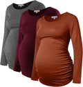 Bhome Women's Maternity Shirts 3 Packs Long Sleeve Pregnancy Tops Basic Side Ruched Tunic Blouse