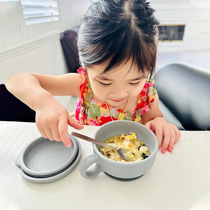 TalkTools Itsy Bowl with Locking Lid - Platinum grade silicone with Volume Lines, Curved Walls for Easy Scooping - for Babies, Toddlers, Children, and Elderly - Snack Cup Lid Accessory (Sage)