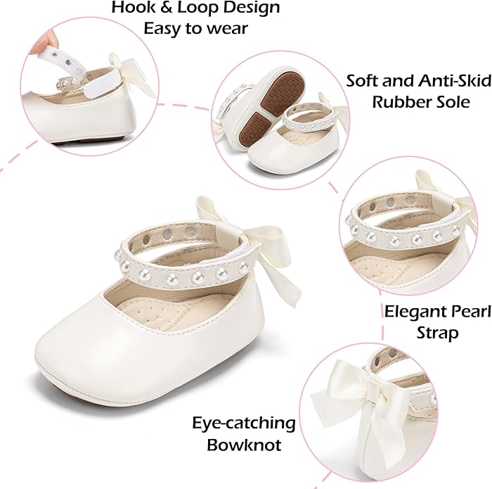 Baby Girls Mary Jane Flats - Infant Newborn Walking Shoes Soft Rubber Sole Princess Wedding