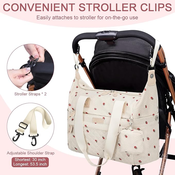 Pritent Diaper Bag Tote - Diaper Baby Bags with Pacifier Case, Shoulder Straps, Stroller Clips, Waterproof Large Mommy Maternity Travel Baby Bag for Mom and Dad, strawberry