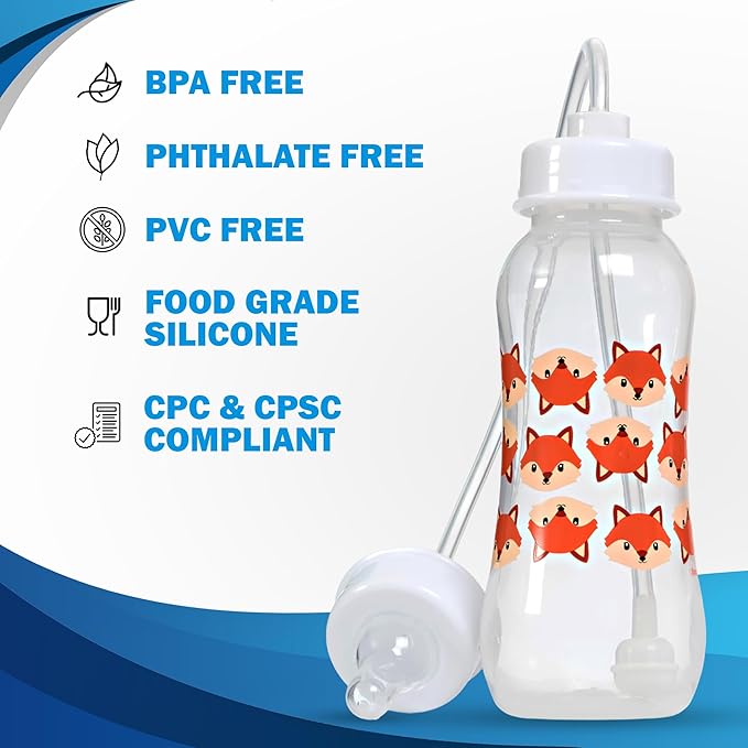 Hands-Free Baby Bottle - Anti-Colic Nursing System 9 oz Baby Bottle with Fast Flow Nipple/Teat 3m+ Infant with Tube Straw Feeding System for Toddler (2 Bottles - Fox)