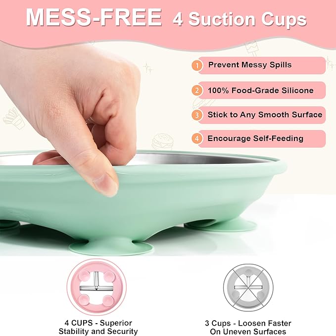 Bella's Friends Stainless Steel Kids Plates 8" Suction Plate for Baby,3 Packs Non-Toxic Divided Toddler Plates,Food-Grade Silicone Plate for Baby,Dishwasher Safe,purple,dark green,rose