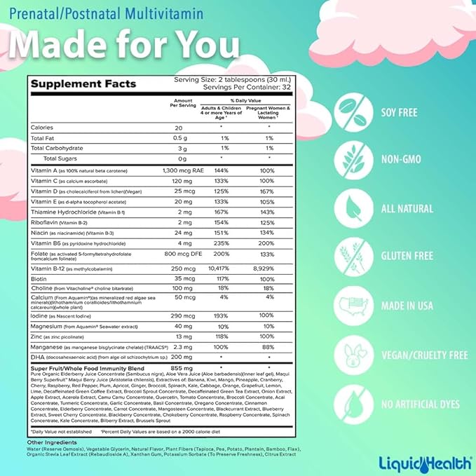 LIQUIDHEALTH Prenatal/Postnatal Multiple Liquid Women's Multivitamin with Real Folate - Pre & Postnatal Vitamins for Before, During, After Pregnancy - Made in USA, Vegan, Sugar-Free, Non-GMO (32 oz)