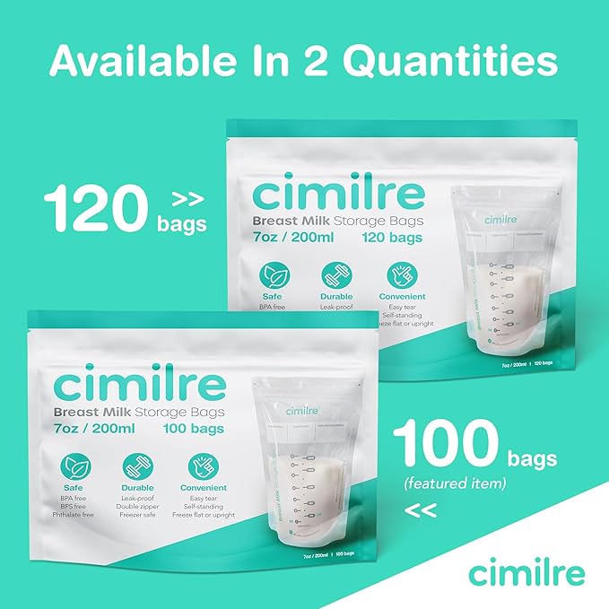 Breast Milk Storage Bags by Cimilre, Leak-Proof Breastmilk Storage Bags, Freeze Flat or Standing, 7 oz. Bags (100 Pack)