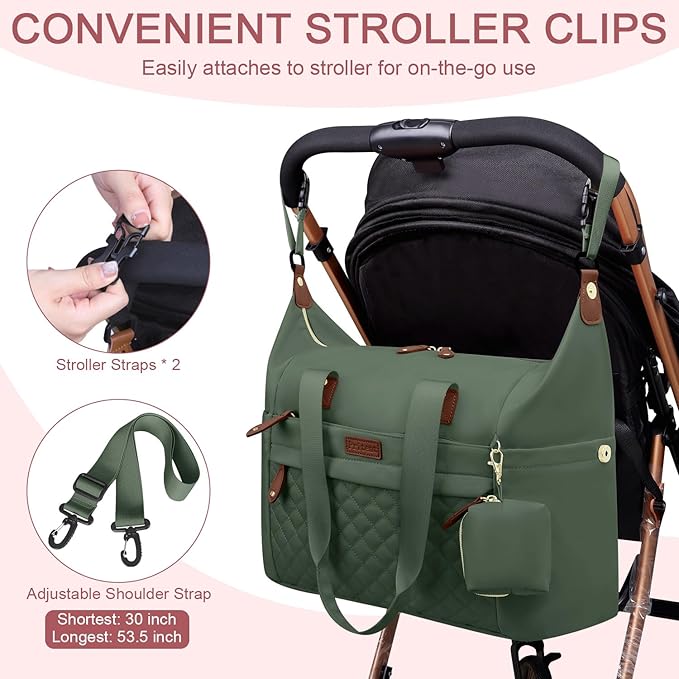 Pritent Diaper Bag Tote - Diaper Baby Bags with Pacifier Case, Shoulder Straps, Stroller Clips, Waterproof Large Mommy Maternity Travel Baby Bag for Mom and Dad, Green, Medium