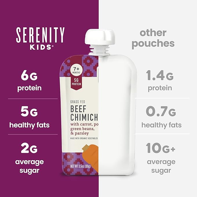 Serenity Kids 7+ Months Beef Chimichurri Baby Food Pouches - 3.5 Oz, Pack of 6 - Nutrient-Packed Puree with Organic Veggies - 5g Protein Pouch for Growth & Baby Essentials - Toddler Food Puree