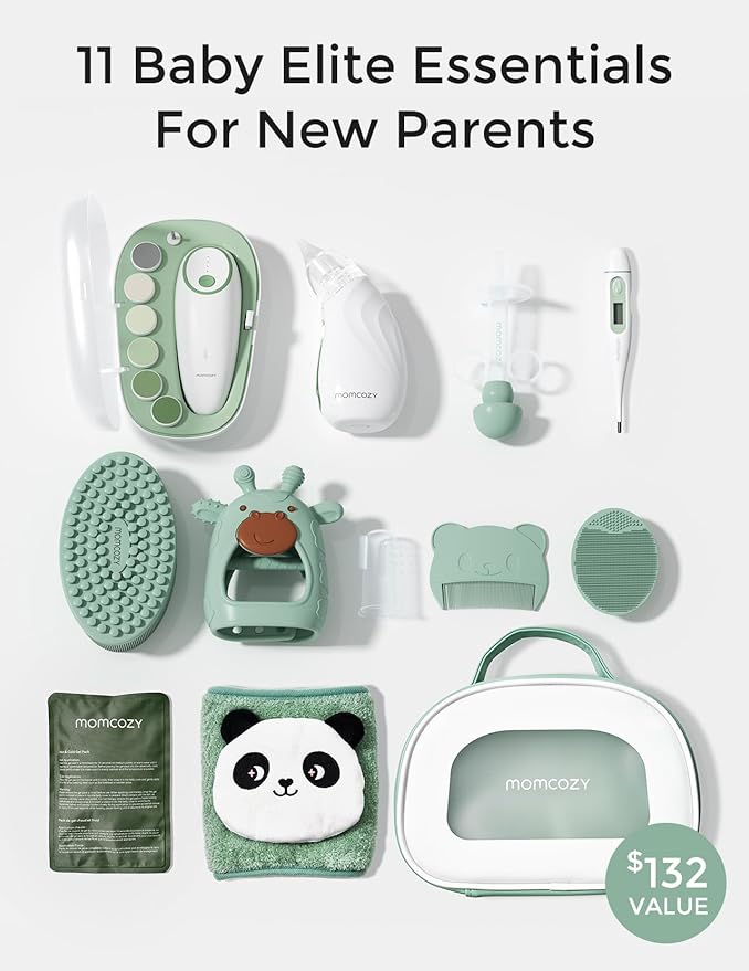 Momcozy Elite Baby Kit, Superior Baby Shower & Registry Essential Kit for Grooming & Health & Cleansing Care, Electric Nail File & Nasal Aspirator,Tummy Wrap,Thermometer,Bath Brush,Teether,Storage Bag
