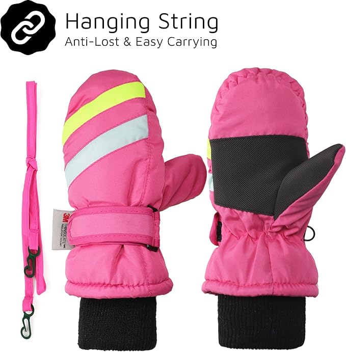 F Flammi Toddler Kids Snow Mittens with String Waterproof Ski Mittens Thinsulate Winter Gloves for Baby Girls Boys