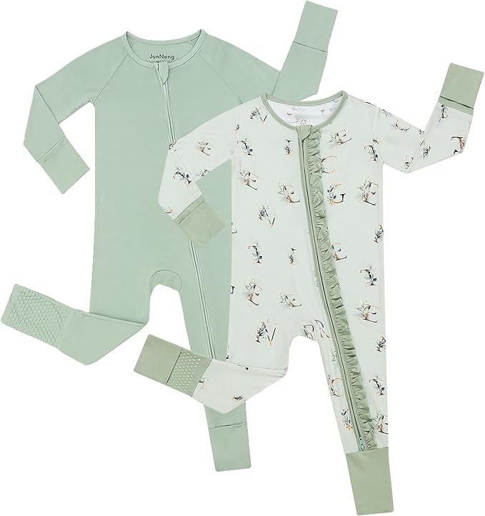 JunNeng Baby Girl Viscose from Bamboo Sleeper with Mitten Cuffs, 2 Way Zipper Romper, Sleep N' Play Pajamas 0-18 Months