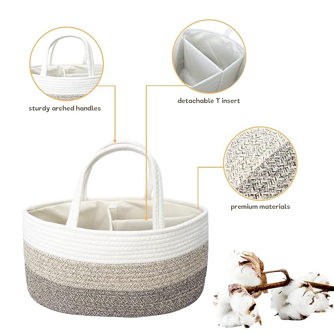 Baby Diaper Caddy Organizer, Extra Large Cotton Rope Nursery Diaper Basket, Changing Table Organizer, Portable Tote Bag with Divider, Car Storage, Baby Shower Gifts for Newborn Girls - Gradient Brown