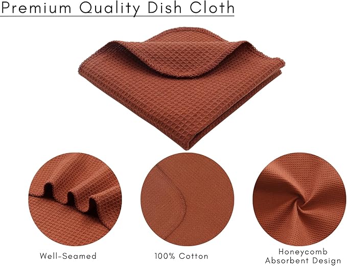 PurpleEssences Rust Dish Cloths and Dish Rags - 8 Pack Waffle Weave Solid Kitchen Dish Wash Cloths, 100% Cotton, 12 x 12 Inches, Ultra Soft Absorbent Quick Drying - Fall Thanksgiving - Rust