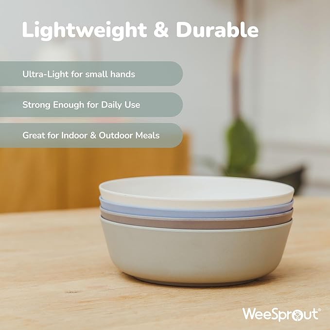 WeeSprout Bamboo Kids Bowls, Set of Four 15 oz Kid-Sized Dinnerware, Cereal, Leftovers & Snack Bowl, Dishwasher Safe (Pink, Green, Gray, & Beige)