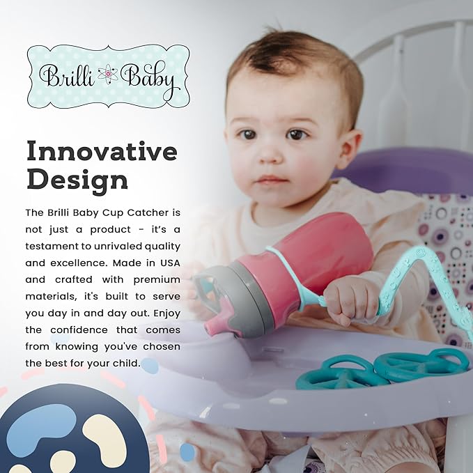 Brilli Baby Cup Catcher Patented Safety Tether Strap, Attach Sippy Cups, Bottles, Pacifiers & More to Stroller, High Chair, Car Seat, Made in USA, Food Grade, Dishwasher Safe (Aqua & Pink)