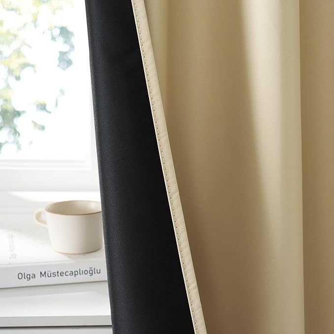 RYB HOME 100% Blackout Bathroom Curtains Over Sink 24 inches Long, Heat & UV Blocking Total Room Darkening Noise Reducing Curtains for Basement RV Campers, Biscotti Beige, 2 Panels Set