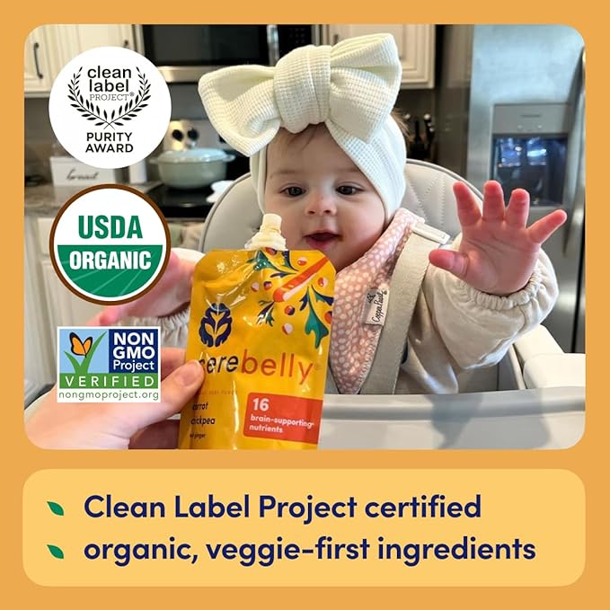 Cerebelly Organic Baby Food Pouches, Carrot Chickpea Purees, 16 Nutrients, No Added Sugar, Fiber & Non-GMO, 4oz, 12 Pack