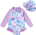Infant Baby Girl Swimsuit One-Piece Long Sleeve Rash Guard with Hat Set Floral Zipper Bathing Suit Leopard Beach Wear