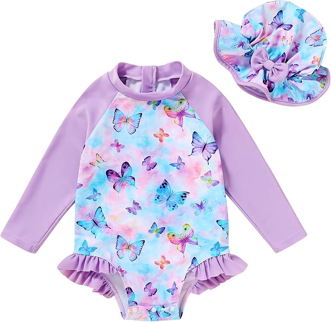 Infant Baby Girl Swimsuit One-Piece Long Sleeve Rash Guard with Hat Set Floral Zipper Bathing Suit Leopard Beach Wear